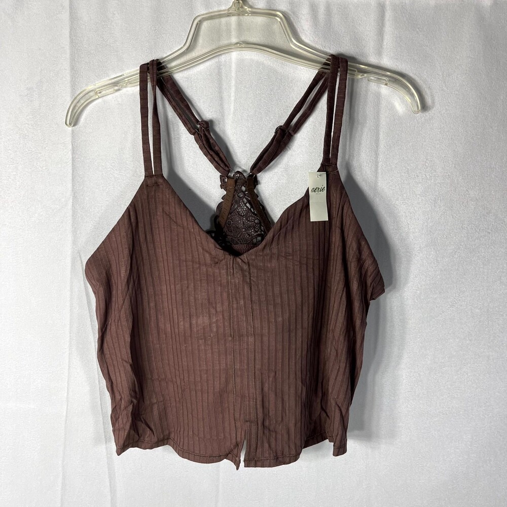 aerie Ripped Double Strap Cropped Tank Top Brown Size XS NEW